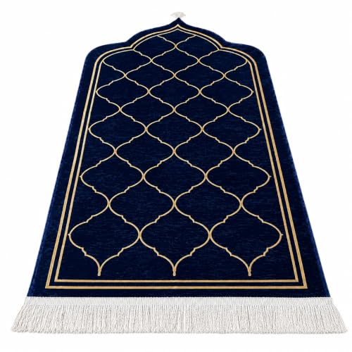 Luxury Velvet Islamic Prayer Mat for Adults, Thick Soft Muslim Prayer Rug with Non-Slip Backing, Large Janamaz Prayer Carpet for Men & Women, Ramadan Eid Hajj Umrah Gift (Dark Blue) - color: Dark Blue