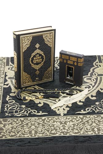 ihvan online Prayer Gift Set for Hajj and Umrah, Muslim Prayer Rug, Prayer Mat, Beads Taasbih, Holy Quran Translated French, Muslim Praying Mat, Islamic Gift Set for Ramadan & Eid, Black - color: French Black