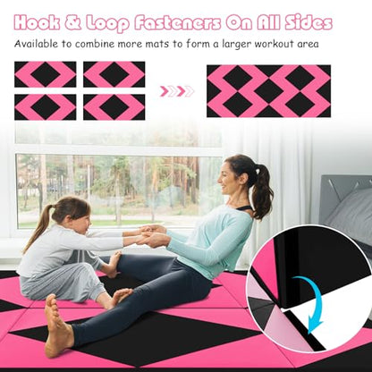 Goplus Gymnastics Mat, Folding Tumbling Mat with Carry Handles, Hook & Loop Fasteners, 4 Panels for Fitness Exercise Yoga Stretching Aerobics Workouts, Thick Gym Mats for Home - color: Rose&Black