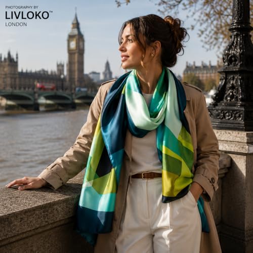 LONDON Women’s Satin Silky Scarf Gift Box Large Lightweight Silky Smooth Shawl Wrap for Hair, Head, Neck or Hijab - color: Green - Box