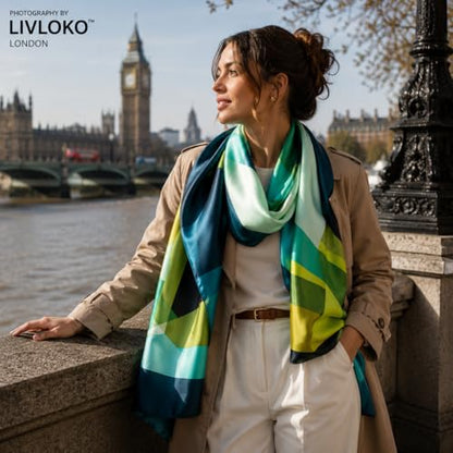 LONDON Women’s Satin Silky Scarf Gift Box Large Lightweight Silky Smooth Shawl Wrap for Hair, Head, Neck or Hijab - color: Green - Box