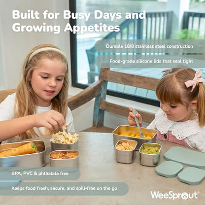 WeeSprout Stainless Steel Lunch Box Set - 750mL & 230mL Food Storage Nested Bento Boxes with Food Grade Silicone Lid - Leak Proof - Freezer Safe (Matte Green) - color: Matte Green