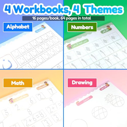 4 Magic Tracing Practice Books – Grooved Handwriting Arabic Copybooks for Kids, Reusable Writing Practice Workbooks Without Tears, Disappearing Ink for Toddlers Preschool Learn (Arabic) - color: Arabic