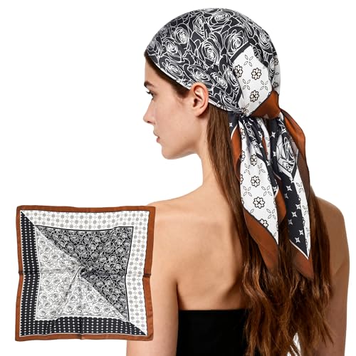 27" Head Scarf Like Satin Silk for Women,Hair Scarves Bandana,Headband Silk Feeling for Hair Wrap - color: Black White Brown