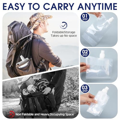Maxdot 4 Pack 1L Collapsible Travel Water Bottles with Clip 33 oz Clear Foldable Water Pouch Container Bag for Hiking Backpacking Camping Travel Emergency