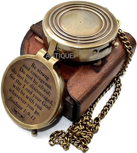 “Be Strong and Courageous” Joshua 1:9' Vintage Brass Compass with Leather Case | Timeless Pocket Compass for Men and Women | Outdoor Travel and Inspirational Quote | Religious Gift | Baptism Gift