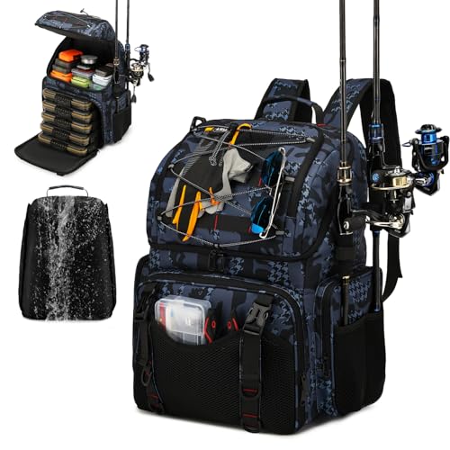 Fishing Backpack, 45L Large Cooler Fishing Tackle bag with Rod Holders & Rain Cover, Water-resistant Store Fishing Gear - color: Black Camo