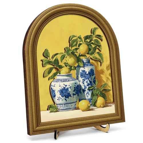 3D Funny Lemon Vase Desk Decor Sign, Farmhouse Blue And White Porcelain Lemon Framed Wall Art Sign for Home Bedroom Living Room Kitchen Desk Wall Shelf Decor 8x10 Inch - color: Funny-8