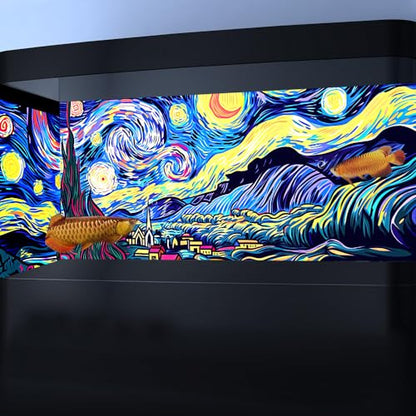 48X18IN Blacklight Vincent Van Gogh Black Light Aquarium Background, UV Fish Tank Background Art Star Oil Painting Terrarium Background with 10 EVA Double-Sided Tape - size: 48X18in/120X45cm