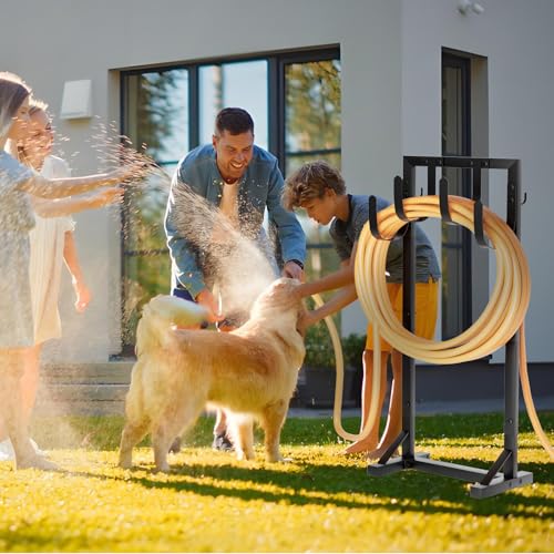 Heavy-Duty Garden Hose Holder with Stable Base and Tool Hooks, Freestanding Metal Hose Hanger Garden Hose Storage Holds 151Ft Hose, Rustproof Water Hose Holder for Outside Yard Lawn, Black - color: All Black