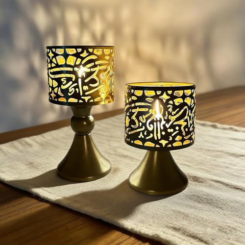 2 Sets EID Ramadan Mubarak Candle Holder, Ramadan Decorations Candle Lantern Gold Vintage Tabletop Candle Holder, Eid Decorations for Home Patio Table Wedding Centerpiece Festival Decor