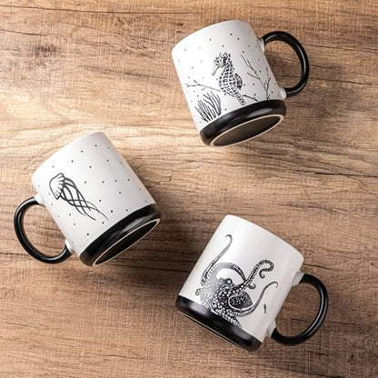 AmorArc Large Coffee Mugs Set of 6, 18oz Ceramic Coffee Cups with Sea Life Textured Patterns for Tea Latte Cocoa. Easy to Hold&Clean, Dishwasher&Microwave Safe, Matte - color: Matte White-Black Pattern