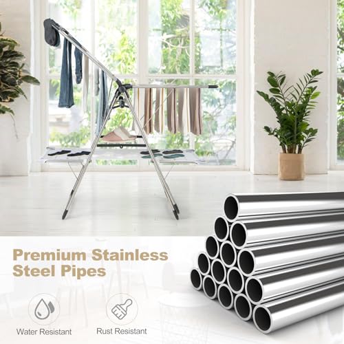 Tangkula Foldable Clothes Drying Rack, 2-Tier Laundry Drying Rack w/Tall Hanging Bar, Height Adjustable Gullwing, Freestanding Garment Stand for Indoor Outdoor Use - size: 54" x 25" x 72"