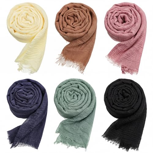 Geyoga 6 Pcs Women Cotton Scarf Crinkle Hijab Wrap - color: Elegant Tones