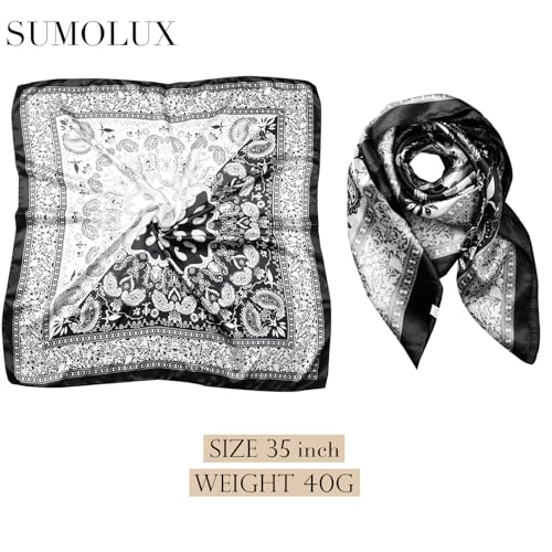 Sumolux Head Hair Scarf for Women 35" Like Satin Silk Scarf Hair Wrapping Night Bandana Large Square Scarves - color: B Black Classic Cashews