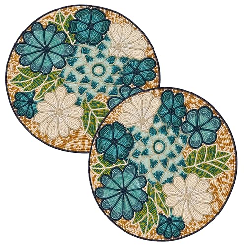 Beaded Placemats for Dining Table Teal Ivory Flower Design Set of 2-13 Inches Flower Beaded Placemats Round for Gathering, Christmas- Occasional Decoration - color: Teal Ivory Multi, size: 13"x13"