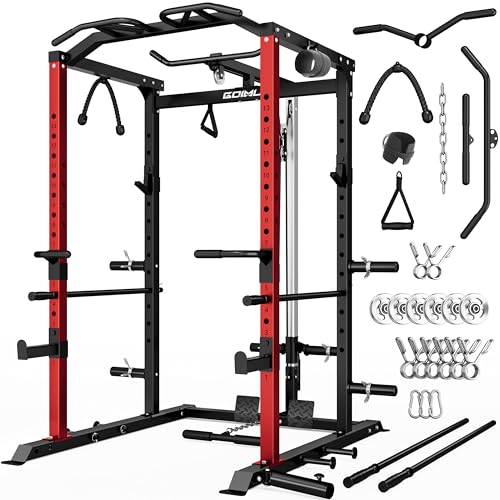 C1-V4 Power Cage, 2000LBS Squat Rack with LAT Pulldown, Multi-Function Weight Cage Strength Training Machine, Workout Cage with More Attachments for Home Gym Garage - style: C1 Pro (Aluminum Pulleys)