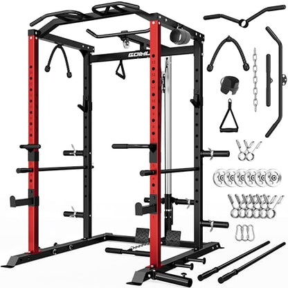 C1-V4 Power Cage, 2000LBS Squat Rack with LAT Pulldown, Multi-Function Weight Cage Strength Training Machine, Workout Cage with More Attachments for Home Gym Garage - style: C1 Pro (Aluminum Pulleys)