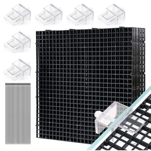 LINLAN Fish Tank Anti-Jump Set, Aquarium Lid, 8 Pieces 5.9x11.8in/15x30cm Plastic Grid with 6 Brackets and 20 Cable Ties, Cover for Rimless Aquarium(White) - color: Black, size: L