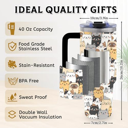 40oz Cats Tumbler Gifts for Women, Cute Cat Water Bottle with Handle & Straw - color: ColorCats-Black