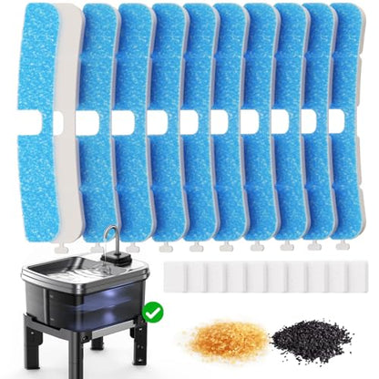 10 Pcs Replacement Filters & 10 Pcs Pump Filters Sponges, Multi-Layer Filtration System Carbon Filters Compatible with 9L/2.38Gal 3 Heights Adjustable Fountain (FN-W25)
