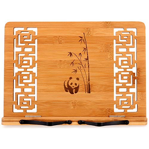 MEGREZ Bamboo Book Stand (13.2 x 9.4 inch) for Reading, Kitchen Cookbook Holder, Adjustable for Tablet/Textbook, Hollow Bookrest, Panda - color: Panda