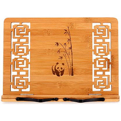 MEGREZ Bamboo Book Stand (13.2 x 9.4 inch) for Reading, Kitchen Cookbook Holder, Adjustable for Tablet/Textbook, Hollow Bookrest, Panda - color: Panda