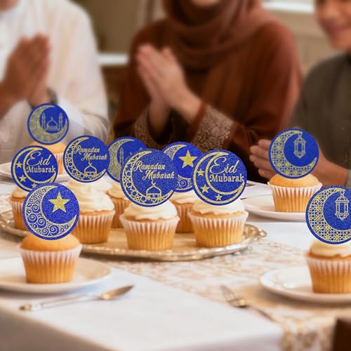 30 Pcs Eid Mubarak Paper Cupcake Decorations, Featuring a Shiny Gold and Blue Moon and Stars, Themed for Lslamic Muslim Parties