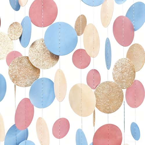 Champagne Gold Dusty Pink Blue Cream Beige Circle Dot Hanging Streamer Polka Dot Garland Banner for Birthday Wedding Bridal Shower Engagement Boho Gender Reveal Party Decorations Supplies - color: Dusty Pink Blue Champagne