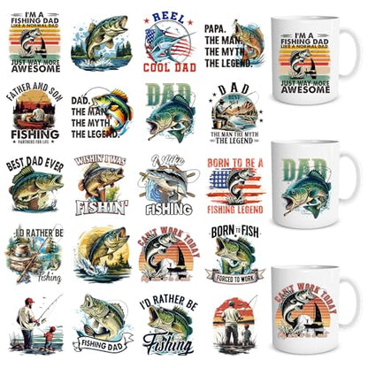 UV DTF Cup Stickers - 20 Sheets Fishing Dad Theme UV DTF Cup Wraps for 16 OZ, Fish UVDTF Decals, Waterproof Rub on Transfer Decal for Glass Mug, DIY Crafts - style: Fishing Dad