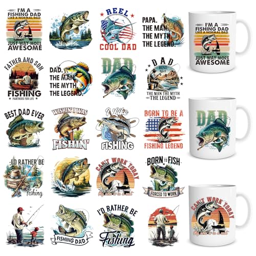 UV DTF Cup Stickers - 20 Sheets Fishing Dad Theme UV DTF Cup Wraps for 16 OZ, Fish UVDTF Decals, Waterproof Rub on Transfer Decal for Glass Mug, DIY Crafts - style: Fishing Dad