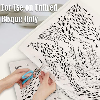 SUPERDANT 4PCS School of Fish Underglaze Paper Transfer Marine Fishes Transfer Paper for Clay Ceramic Porcelain Under Glaze Transfers for Pottery Enamel Decals Black Underglaze Handcrafted Gifts