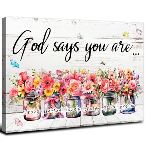 Inspirational Wall Art Bible Verses Wall Decor God Says You Are Wall Sayings Pictures Flowers in Mason Jar Canvas Prints Christian Scripture Artwork for Living Room Bedroom Home Decoration 12x16" - color: God Says, size: 16"L x 12"W