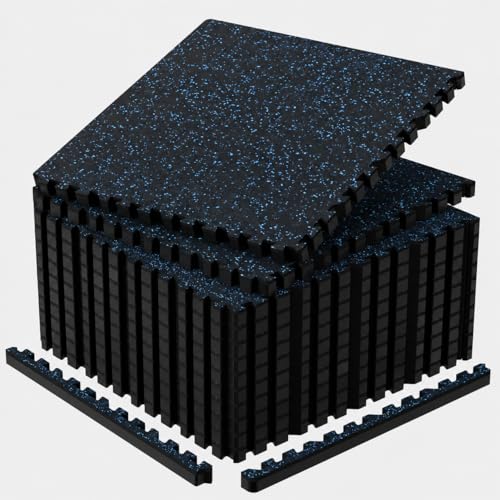 1'' Thick 48 Sq Ft Protective Gym Flooring for Home Gym, 12 Tiles Extra-Thick Rubber Top with High Density EVA Foam, Interlocking Exercise Equipment Mats, Heavy Weight Workout, Black & Blue - color: Black/Blue, size: 48 Sq Ft (12 Tiles)