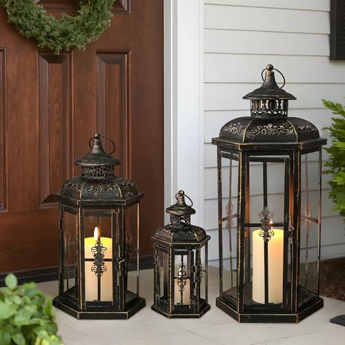 JHY DESIGN Set of 3 Decorative Candle Lanterns 20''&14"&10" H Outdoor Candle Lanterns Vintage Metal Cand leholder for Indoor Outdoor, Events, Parities and Weddings(Black with Gold Brush) - color: 20''&14"&10"h Black