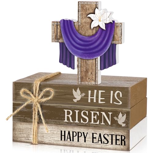 4 Pcs Easter Decorations He is Risen Wooden Sign Christian Table Centerpiece Religious Cross Tiered Tray Decor Decorative Faux Book Stack Block (Easter) - style: Easter