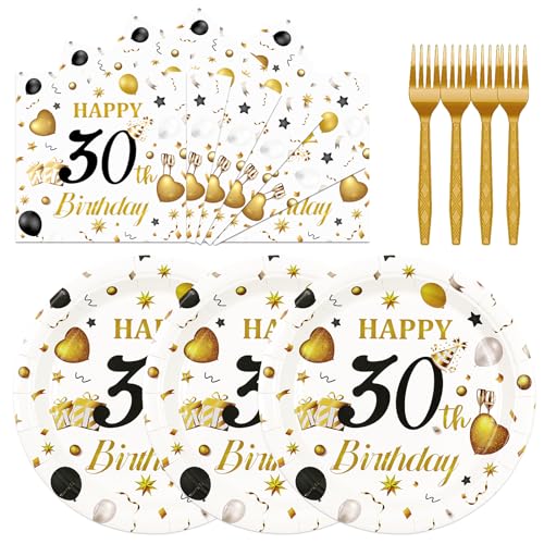 75PCS 30th Birthday Plates and Napkins Party Decorations, 7 Inch White and Gold Happy 30th Birthday Paper Dessert Cake Plates and Napkins Set Disposable Tableware Party Favors for Women Men - color: 30th White