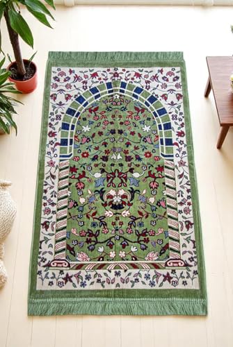 ihvan online Luxury Velvet Muslim Prayer Rug, Janamaz, Thick Soft Sajadah, Portable Travel Prayer Carpet Mat, Islamic Gift for Eid, Ramadan, Hajj & Umrah, Rawdah Green - color: Rawdah Green