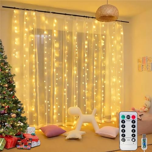 Honche 300Led Fairy Curtain String Lights 10x10ft with Remote Window Lights for Bedroom Wedding Party Festive Season Propose Christmas Decoration(Warm White) - color: Warm White