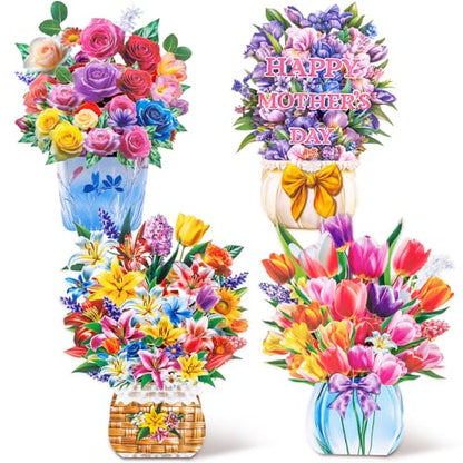 4 Pack 3D Pop Up Flower Bouquet Cards – Rose, Tulip, Lily, Mother’s Day Designs, Colorful Stand-Up Floral Centerpieces for Birthday, Anniversary, Thank You, Get Well, Includes Envelopes & Blank Notes - style: Floral Flour