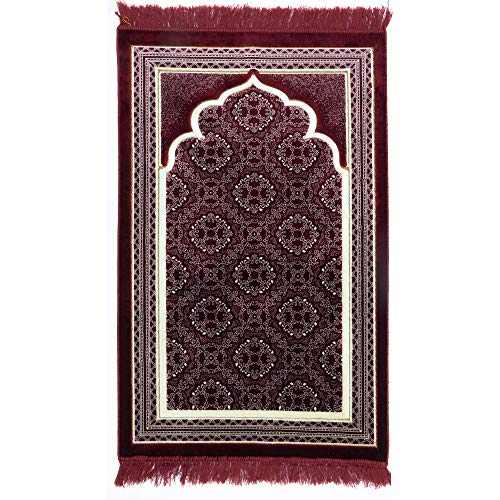 Modefa Turkish Islamic Prayer Rug - Soft Velvet Janamaz Praying Carpet - Comfortable Muslim Praying Mat for Men & Women - Ramadan or Eid Gift - with Kufi Prayer Cap - Elegant Swirl (Red) - color: Red