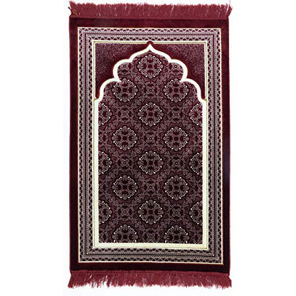 Modefa Turkish Islamic Prayer Rug - Soft Velvet Janamaz Praying Carpet - Comfortable Muslim Praying Mat for Men & Women - Ramadan or Eid Gift - with Kufi Prayer Cap - Elegant Swirl (Red) - color: Red