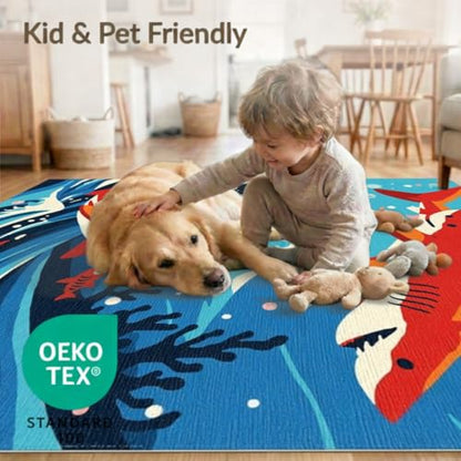 6'x9' Washable Graphic Shark Area Rug, Red Foldable Non-Slip Large Carpet for Queen Size Bedroom, Under Bed, Master Bedroom, Foldable Easy Care Carpet| Ref:2070034 - color: Blue/Pattern 11, size: 6' x 9' (Rectangular)