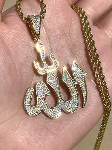 God Allah Men Women 925 Italy Gold Finish Iced Silver Charm Ice Out Pendant Stainless Steel Real 2 mm Rope Chain Necklace, Mans Jewelry, Iced Pendant, Rope Necklace 16"- 24" - style: 22" Chain + Pendant