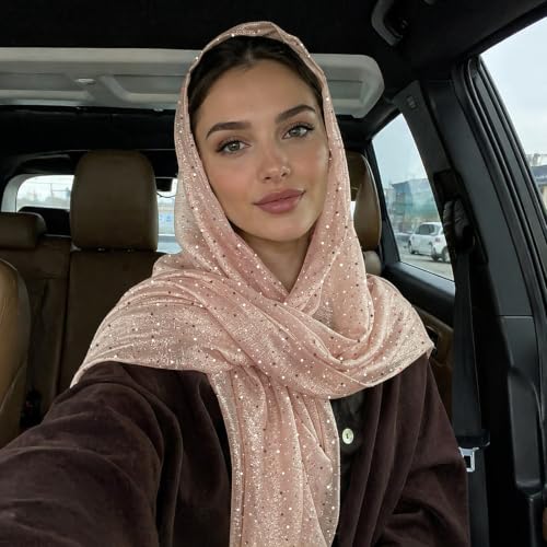 Sequin Scarf for Women Lightweight Mesh Shawl Wrap Bandana Hijab Headscarf for Summer Evening Dress - color: Lightnude