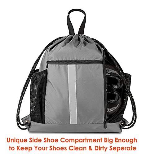 BeeGreen Grey Drawstring Bag Pack Gym Sackpack w Shoe Compartment Two Water Bottle Holder Portable String Sinch Sack for Gymnastic Athletic Beach Travel - color: Grey, style: Drawstring With Shoe Compartment
