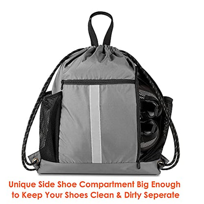 BeeGreen Grey Drawstring Bag Pack Gym Sackpack w Shoe Compartment Two Water Bottle Holder Portable String Sinch Sack for Gymnastic Athletic Beach Travel - color: Grey, style: Drawstring With Shoe Compartment