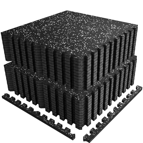0.56" Rubber Top Gym Flooring, Heavy Duty Interlocking Gym Mats for Home Gym, Non-Slip Workout Mat, 24 x 24in Large Gym Floor Mat, Protect Floors from Weights & Equipment, 96 Sq Ft, Black/Grey - size: 24 Tiles (96 Sq Ft)