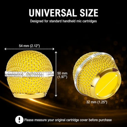Bling Gold Mic Cover with Crystal Band for SM58/Beta58, 4-Pack | Mic Head Covers Use Sparkle 24K-Plated Metal Mesh with Silver Rhinestone Band and Inner Foam Filter to Shine the Vocal Kit