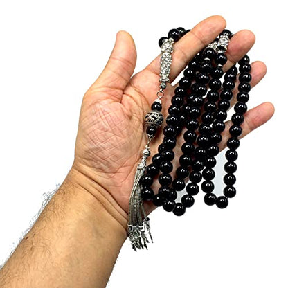Special Prayer Beads Series -99 beads- Tesbih Tasbih Tasbeeh Misbaha Masbaha Subha Sebha Sibha (Black Glass -10 mm 99 Big Beads- & Zircon Stone Design) - color: Black Glass -10 mm 99 Big Beads- & Zircon Stone Design